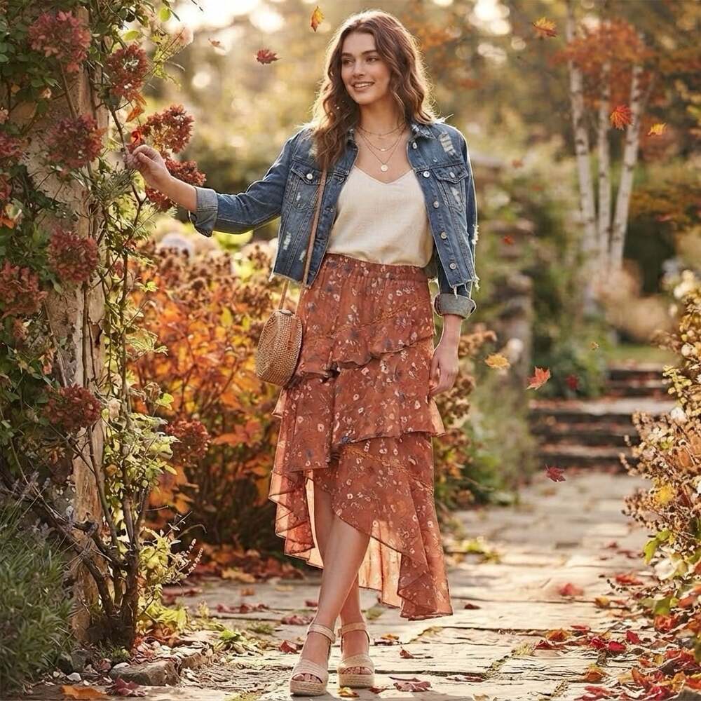 Unbranded sz M Asymmetric Cascade Tiered Floral Brown Chiffon Midi Skirt